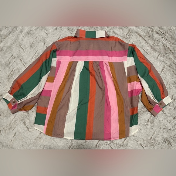 Entro Vibrant Colorful Long Sleeve Striped Button Down Blouse - Picture 9 of 9